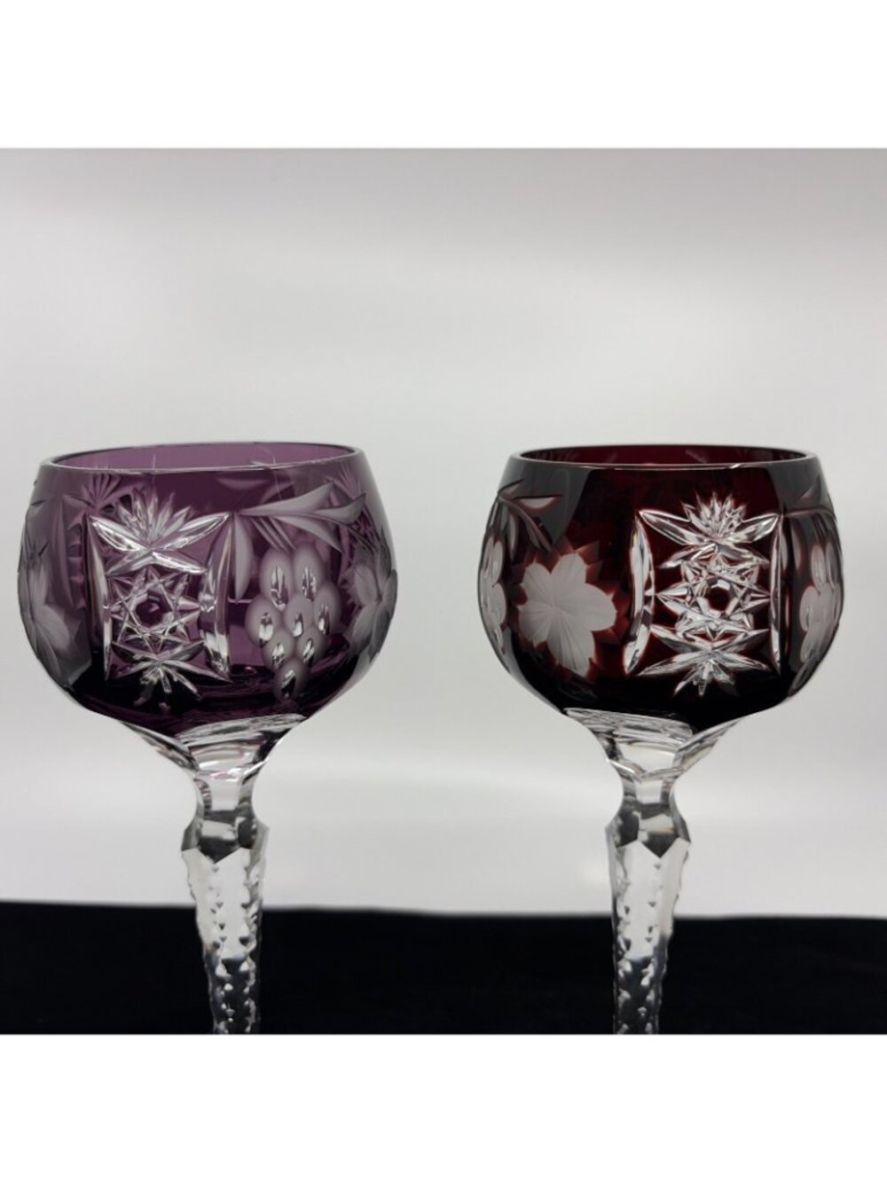 2 Ajka Marsala Tall Hock Wine Glasses Cut to Clear Ruby Red Amethyst 8" Vintage - Picture 2 of 8